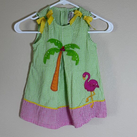 Rare Editions Girls Dress Size 5 Palm Tree and Flamingo Pink and Green Gingham - Picture 1 of 6
